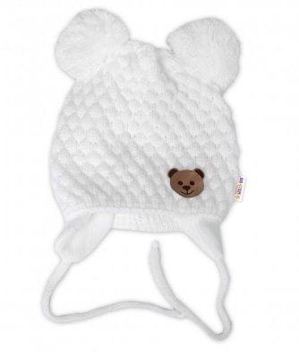 Zimní pletená čepice Teddy Bear na zavazování, bílá, smetanová - - 56-68 (0-6 m)