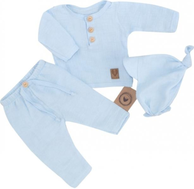 Mušelínové triko dl. rukáv, kalhoty + šátek uzlík, 3D sada, - modrá, vel. 68 - 68 (3-6m)