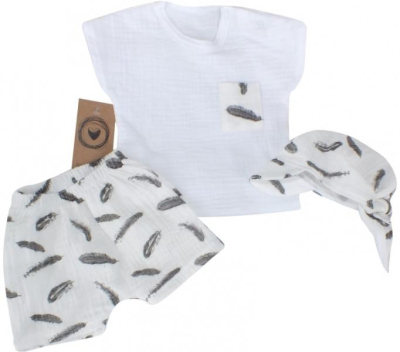 Mušelínové triko, kraťasy + šátek, 3D sada, Pírka - bílá/smetana, vel. 68 - 68 (3-6m)