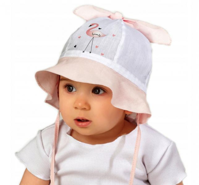 Letní klobouček na zavazování Plameňák - růžový/bílý, vel. 74/80 - 74-80 (9-12m)