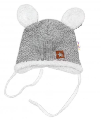 Pletená zimní čepice s kožíškem a šátkem Star - šedá - 56-62 (0-3m)