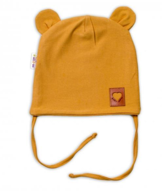 Bavlněná dvouvrstvá čepice s oušky na zavazování TEDDY - hořčicová - , 68/74 - 68-74 (6-9m)