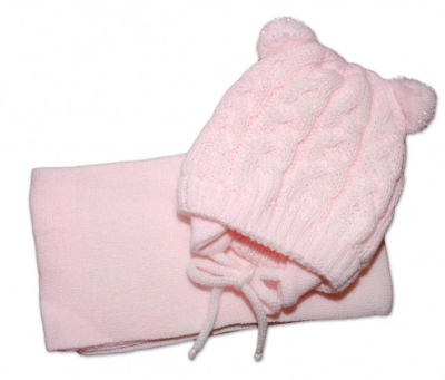 Zimní pletená kojenecká čepička s šálou TEDDY - sv. růžová, vel. 62/68 - 62-68 (3-6m)