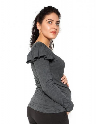 Těhotenské triko dlouhý rukáv FANNY s volánkem - tm. šedé - XL - XL (42)