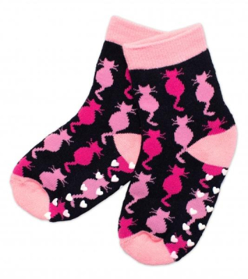 Dětské froté ponožky s ABS Kočičky - černo/růžové, vel. 27/30 - 27-30