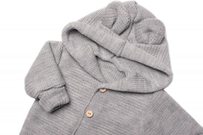 Dětský elegantní pletený svetřík s knoflíčky a kapucí s oušky - šedý, vel. 74 - 74 (6-9m)