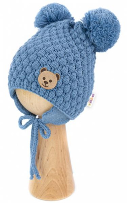 Zimní pletená čepice Teddy Bear na zavazování, modrá, - 56-68 (0-6 m)