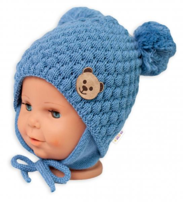 Zimní pletená čepice Teddy Bear na zavazování, modrá - 68/80, (6-12m), - 68-80 (6-12m)