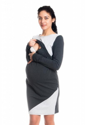 Těhotenské/kojící šaty Jane, dlouhý rukáv - grafitové, vel. M - M (38)