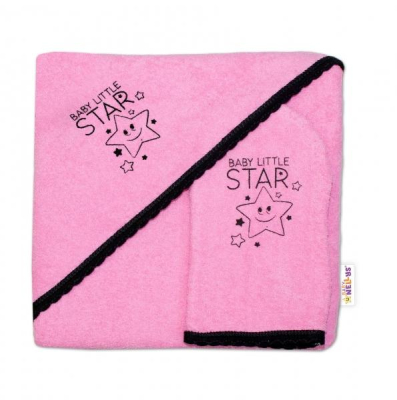 Dětská osuška s kapucí + žínka Baby Little Star, roz. 80 x 80 cm - růžová