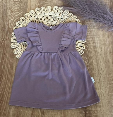 Bavlněné šaty s řasením, kr. rukáv, Puntík, švestkové - 68-74 (6-9m)