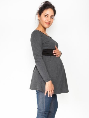 Těhotenská tunika s páskem, dlouhý rukáv Amina - grafit/pásek - černý - XS (32-34)