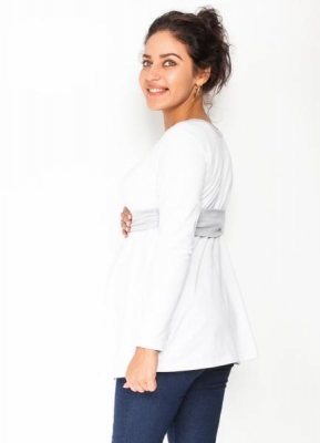 Těhotenská tunika s páskem, dlouhý rukáv Amina - bílá/pásek - šedý, vel. L - L (40)