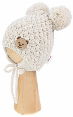 Zimní pletená čepice Teddy Bear na zavazování, ecru - 68/80, (6-12m), - 68-80 (6-12m)