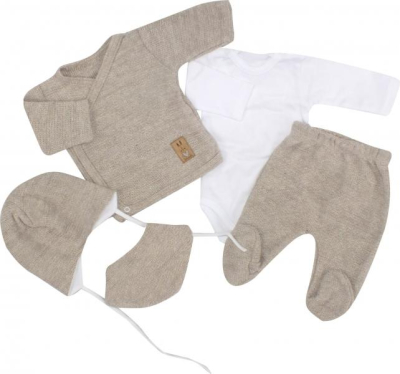 5-dílná pletená kojenecká soupravička s šátkem- béžová - bílá, vel. 62 - 62 (2-3m)